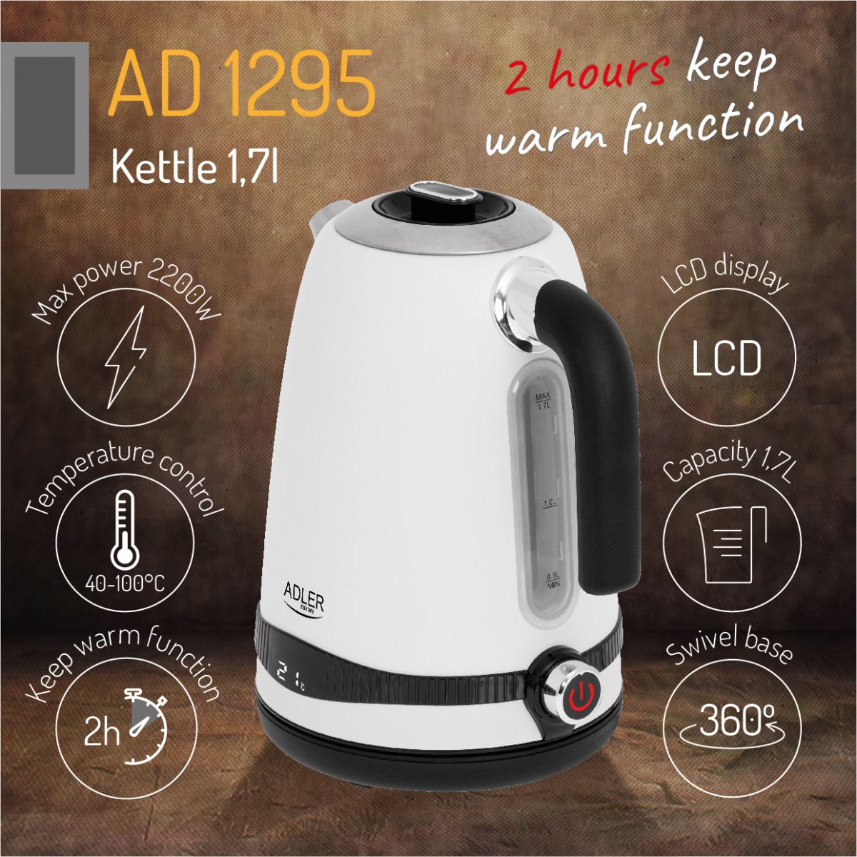 Adler AD 1295w SS satin white kettle 1,7L with LCD display & temperature regulation