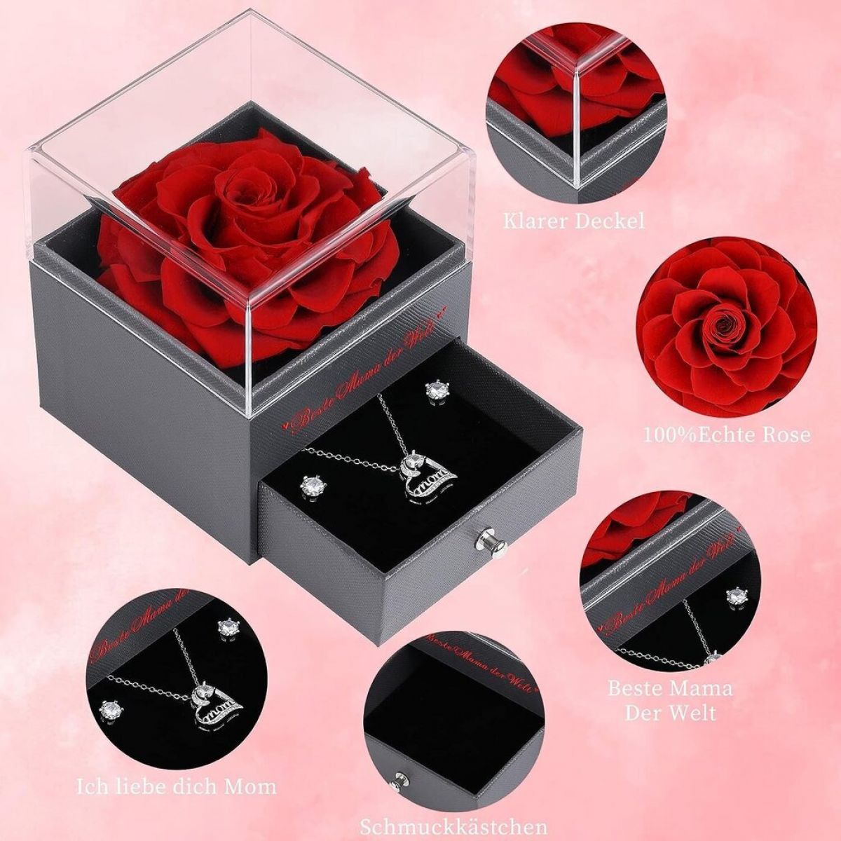 Everlasting Red Rose Flower with Necklace and Earrings Faneeyo