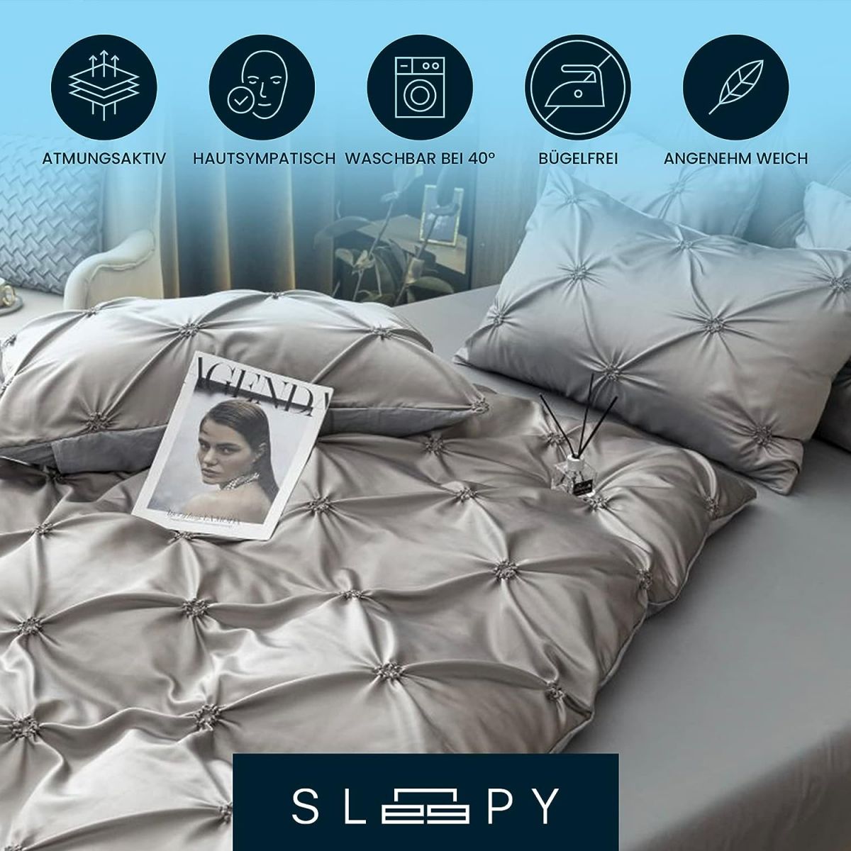 4-osaline voodipesukomplekt Pierre Mond Sleepy 155×220 cm, 1 liibuv lina, 1 tekikott, 2 padjapüüri 40×80 cm, hall