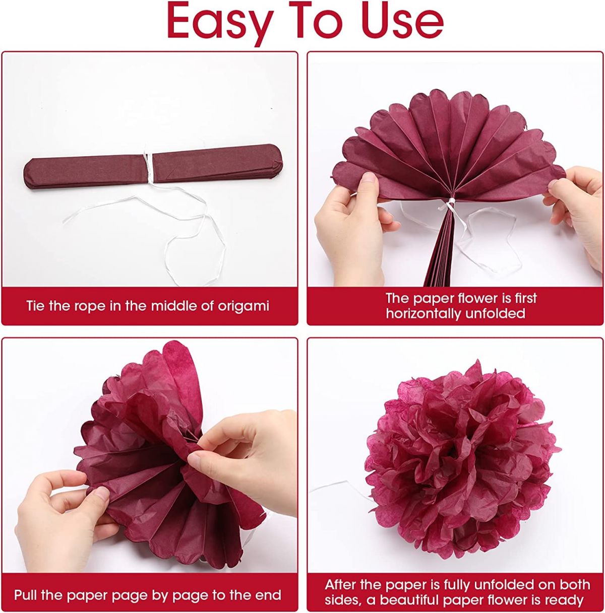 DIY paper flower 16pcs. (white, purple, cherry)