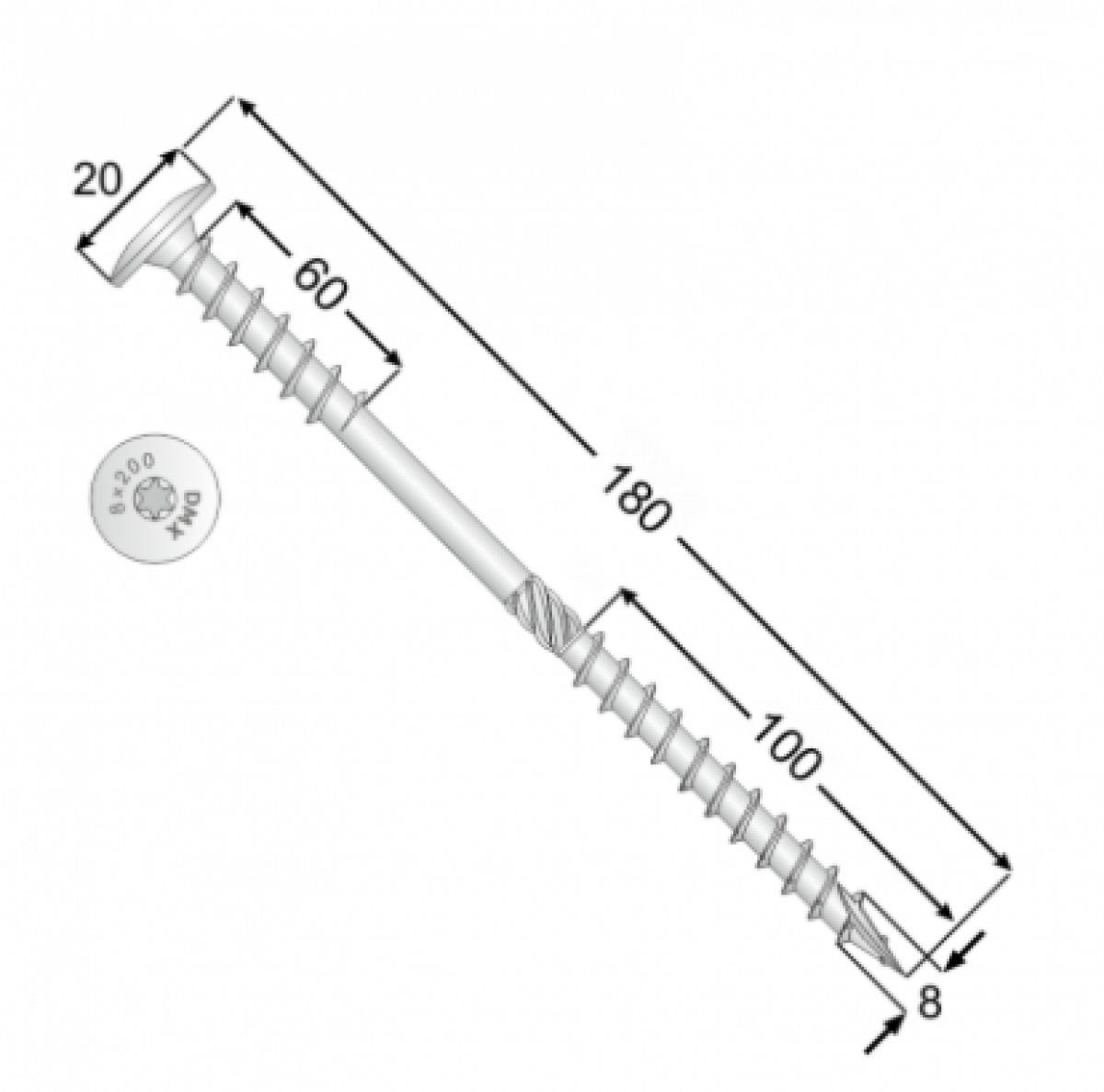 WKT 8x180 50 tk/pakk TORX TX40 Construction screw double thread with press washer.