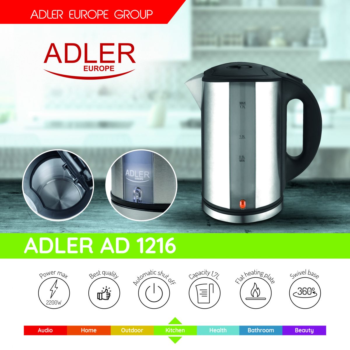 Металлический чайник 1,7 л Adler AD 1216