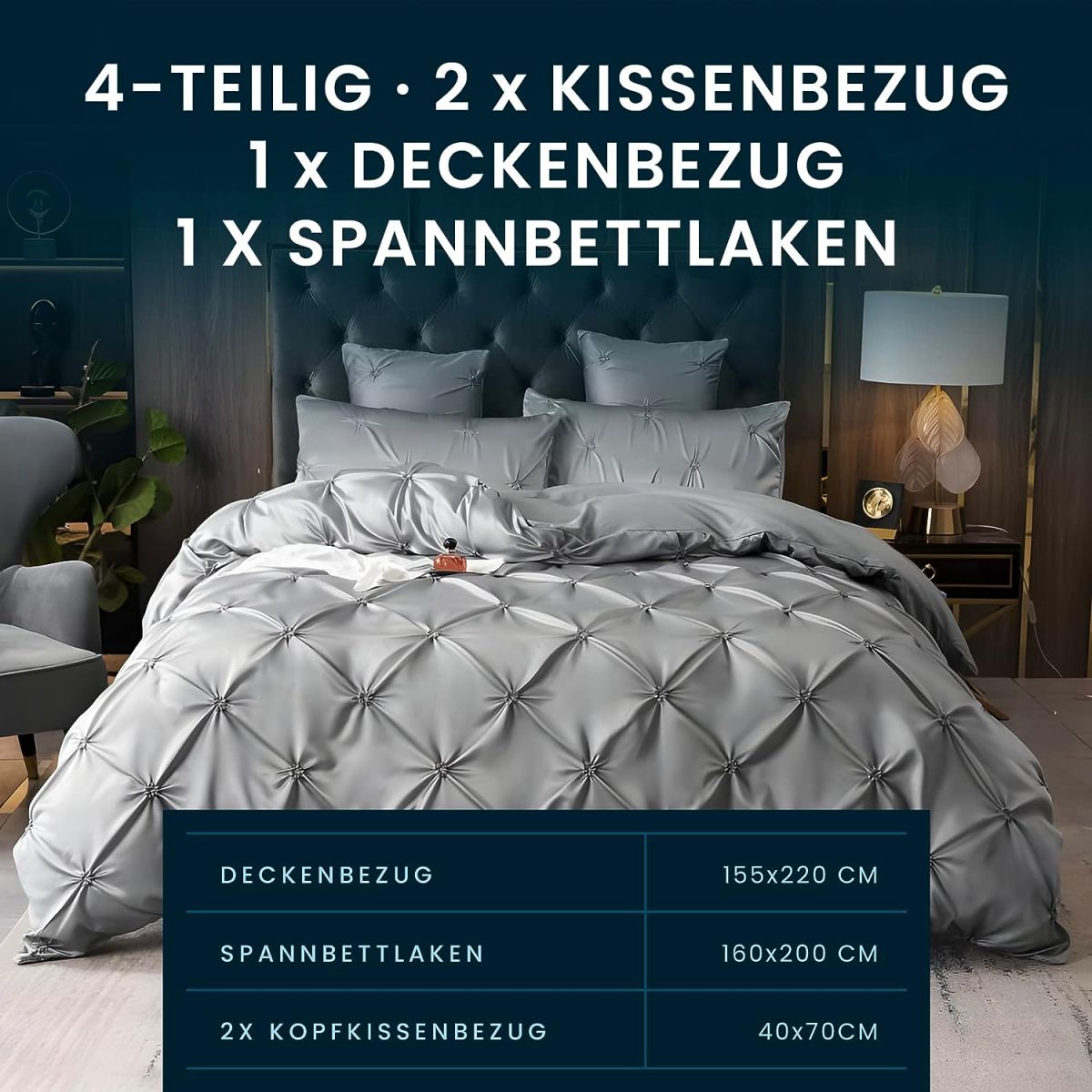 4-osaline voodipesukomplekt Pierre Mond Sleepy 155×220 cm, 1 liibuv lina, 1 tekikott, 2 padjapüüri 40×80 cm, hall